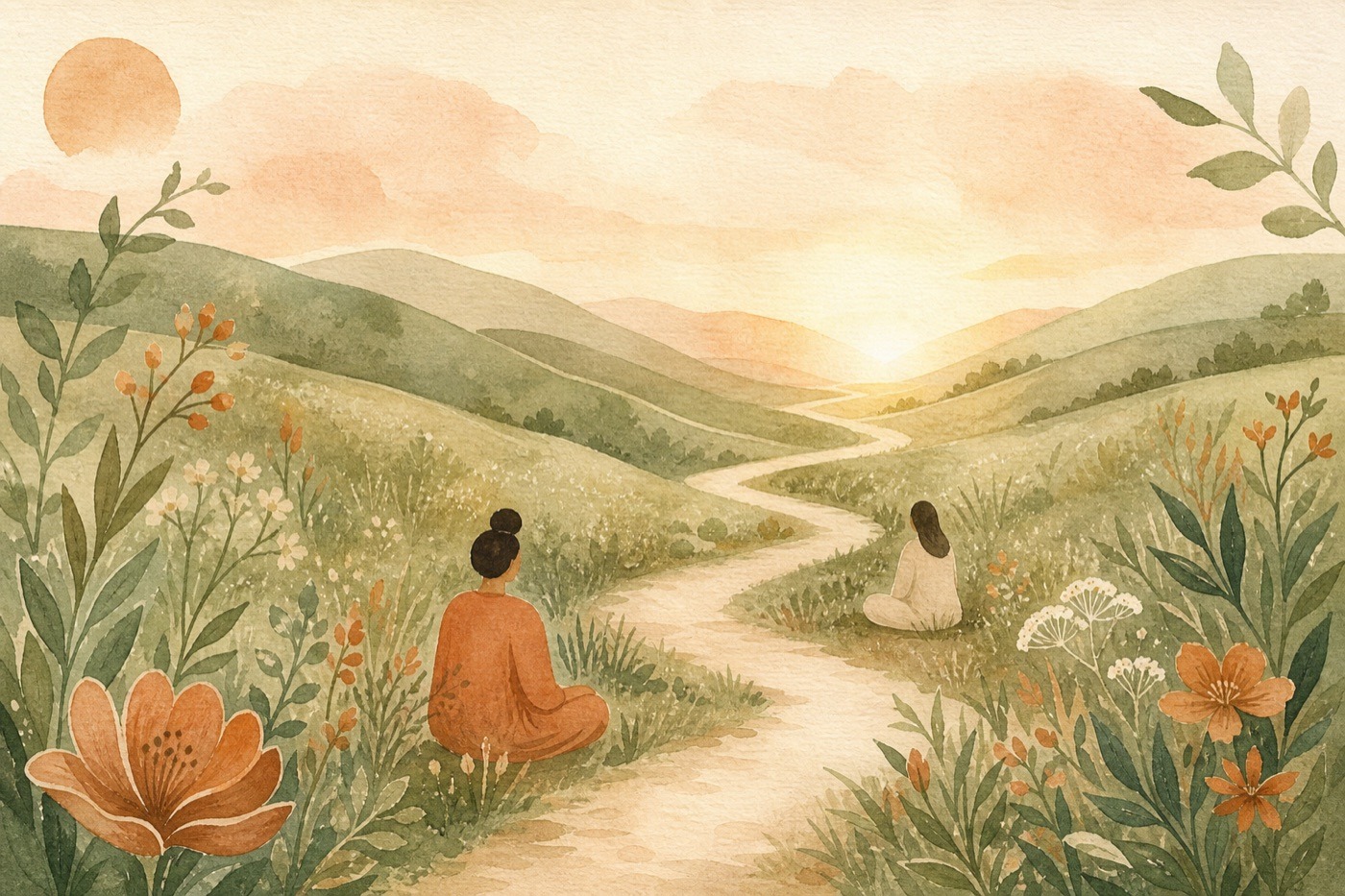 Watercolor illustration of a gentle path through sage-green hills with peaceful figures resting along the way