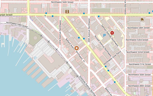 Street map showing the office at 5306 Ballard Ave NW in Ballard, Seattle, near NW Market Street.